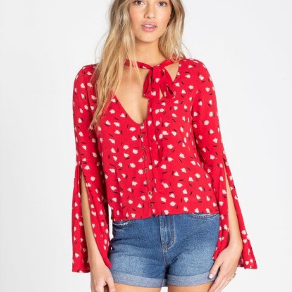 Billabong Red Patterned Blouse Flared Half Open S… - image 1